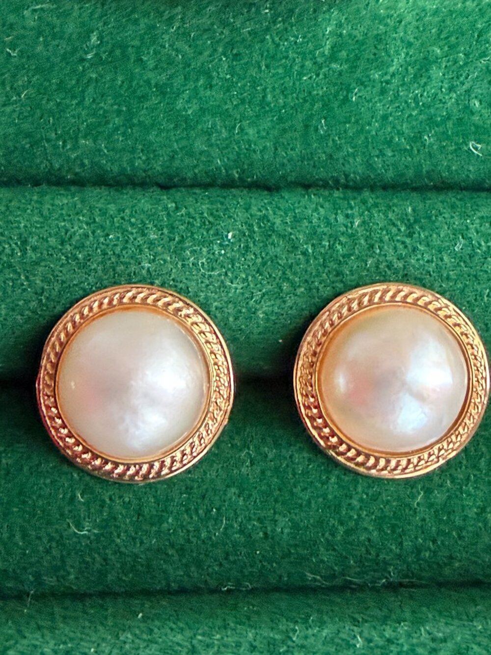 14K Yellow Gold Pearl Button Earrings 3.97g Rope Twist Vintage Style Studs